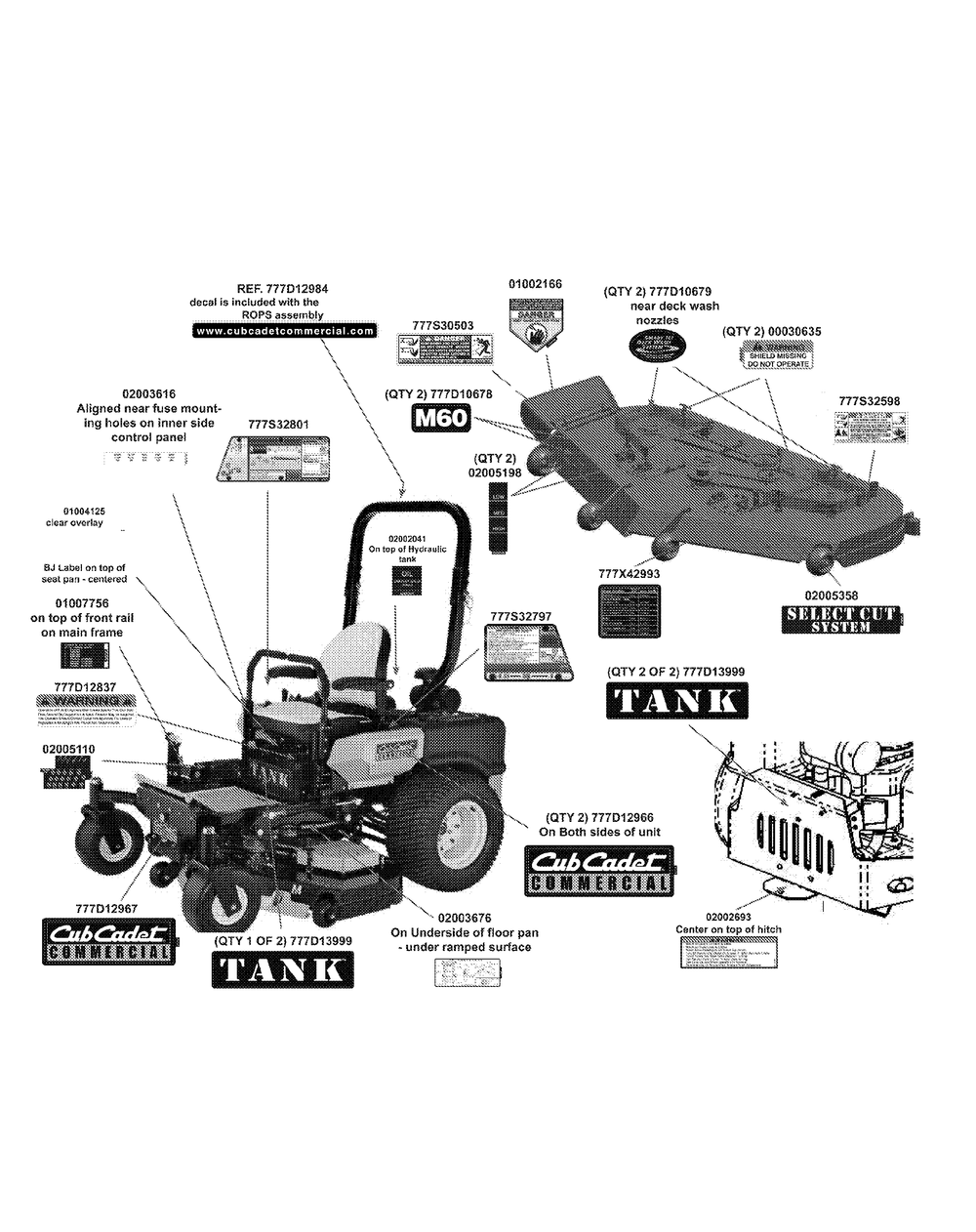 Label Map 60-Inch Deck Diagram and Parts List for M60-KW (53AI8CT6050-31HP-OHV)(2010) Cub Cadet Lawn Tractor